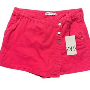 Zara Skort Hot Pink Button‎ Front Denim Skirt Shorts L